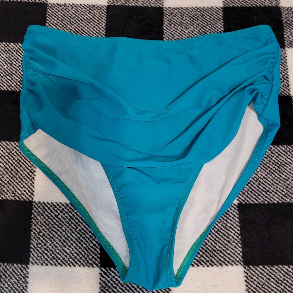 Teal colored high-waisted bikini bottoms